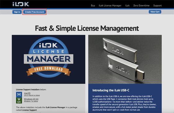 iLok「Create Free Account」ボタンの位置