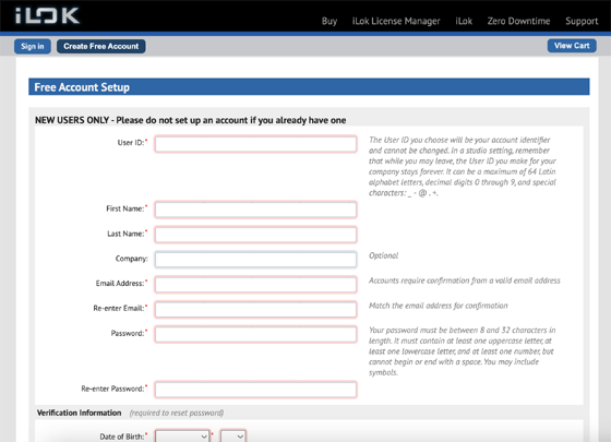iLok「Free Account Setup」の画面