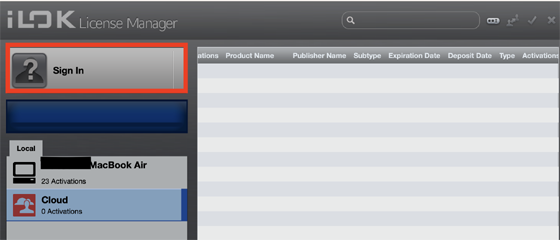 iLok License Manager のログイン画面
