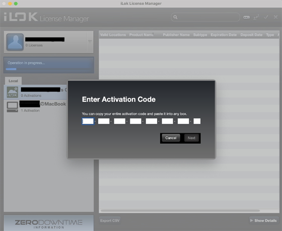 iLok License Managerのシリアルナンバー入力画面